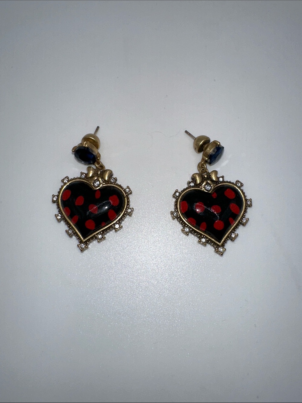 Fashion Jewelry Gold-Tone Black Heart Earrings with Red Polka Dots